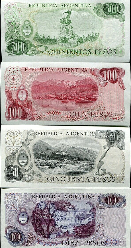 ARGENTINA SET 4 PCS 10 50 100 500 PESOS ND 1976 P 300 301 302 303 UNC
