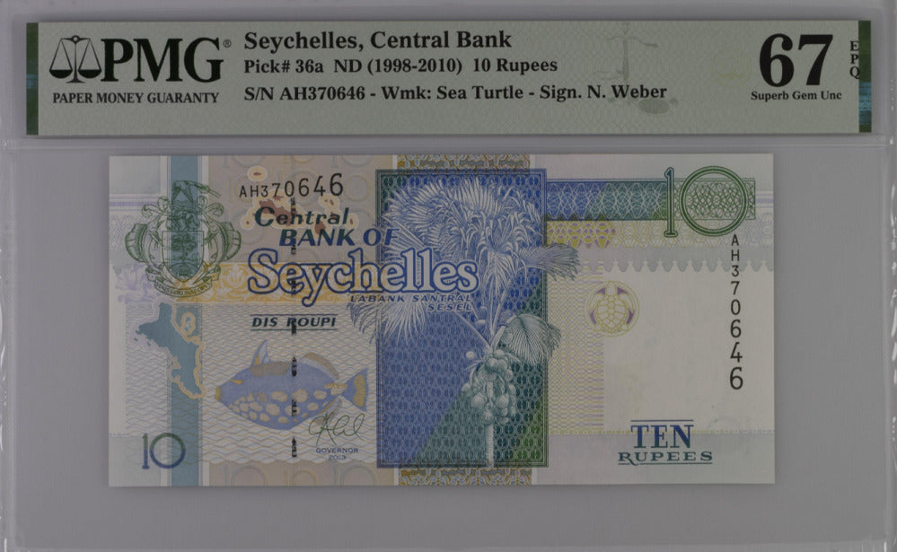 Seychelles 10 Rupees ND 1998-2010 P 36 a Superb Gem UNC PMG 67 EPQ