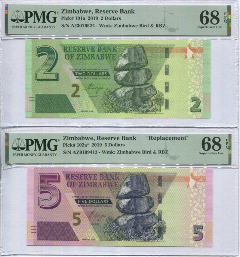 Zimbabwe Set 2 Pcs 5 10 Dollars 2019 P 101a-P 102 a* Superb Gem UNC PMG 68 EPQ