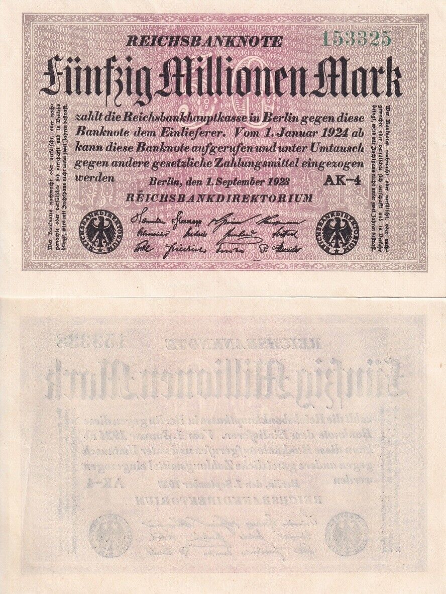 Germany 50 Millionen Mark Republic Treasury 1923 P 109 b AUnc