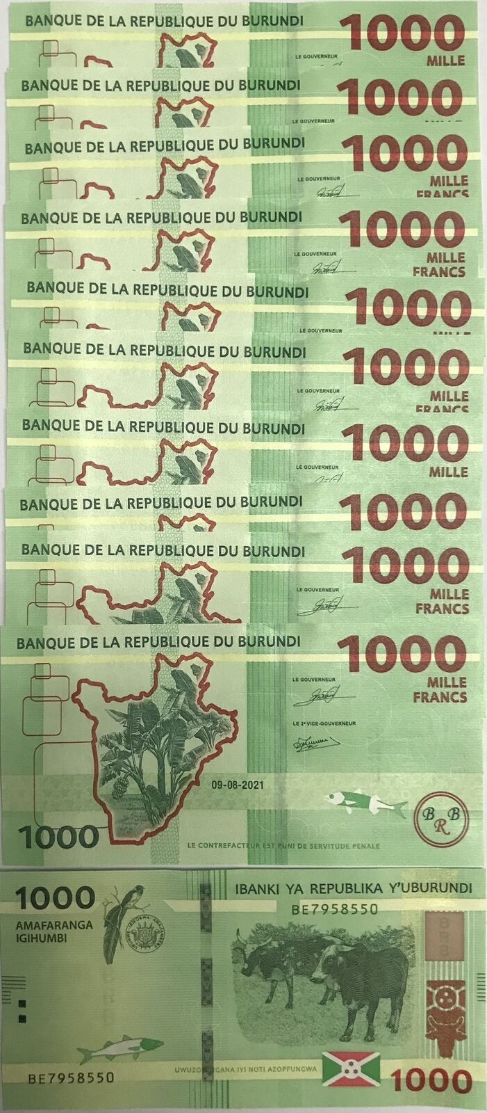 Burundi 1000 Francs 2021 P 51 UNC LOT 10 PCS