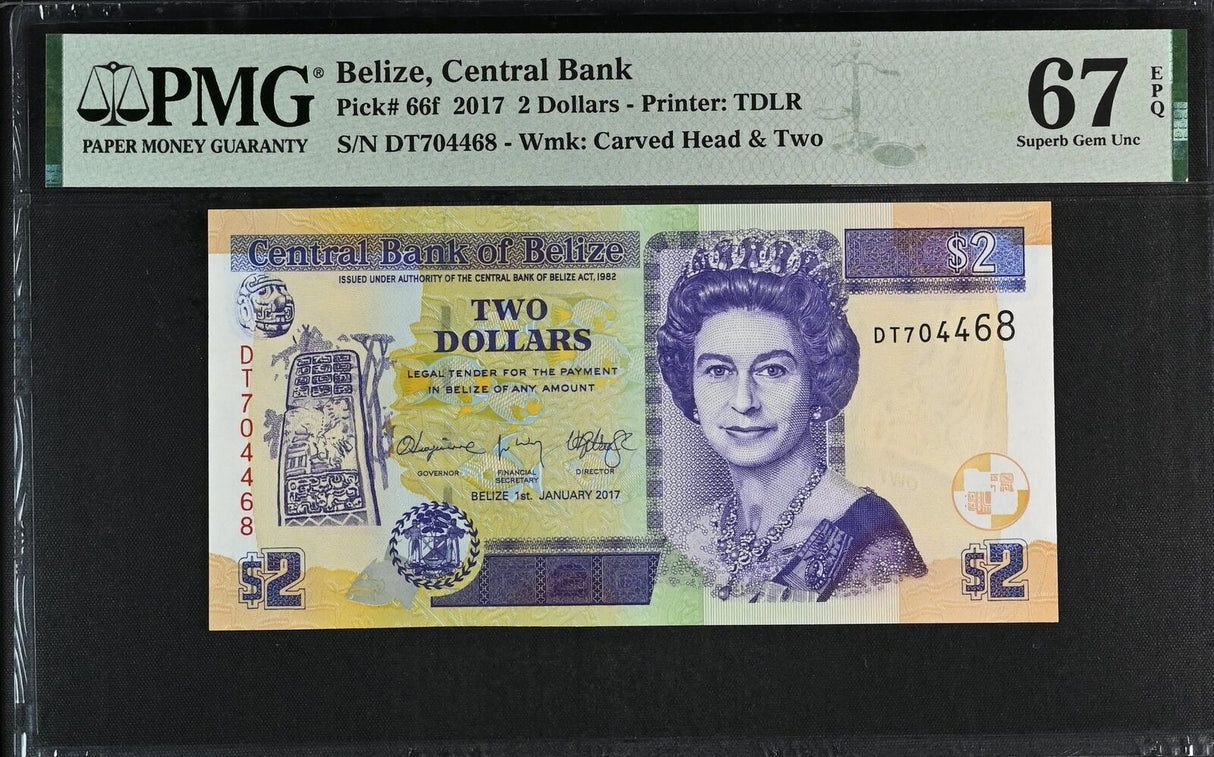 Belize 2 Dollars 2017 P 66 f Superb Gem UNC PMG 67 EPQ