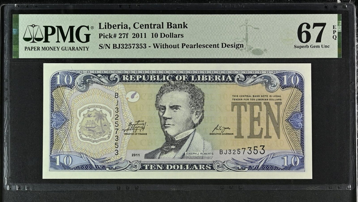 Liberia 10 Dollars 2011 P 27 f Superb Gem UNC PMG 67 EPQ