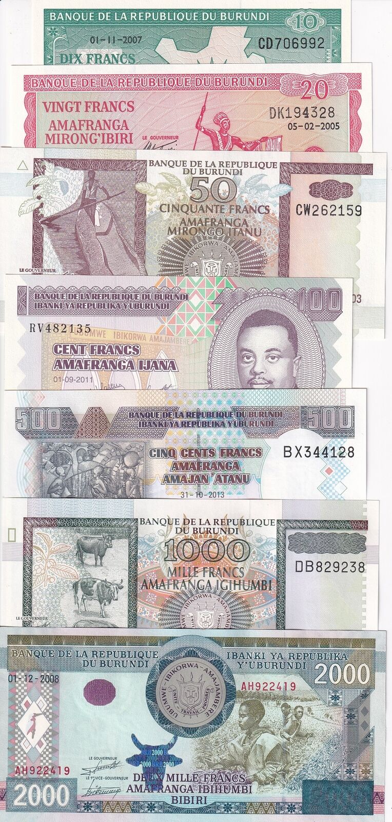 Burundi Set 7 UNC 10 20 50 100 500 1000 2000 Francs Random Date P 27 33 - P 48