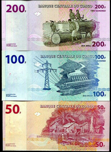 Congo Set 3 Pcs 50 100 200 Francs 2013 P 97 98 99 UNC