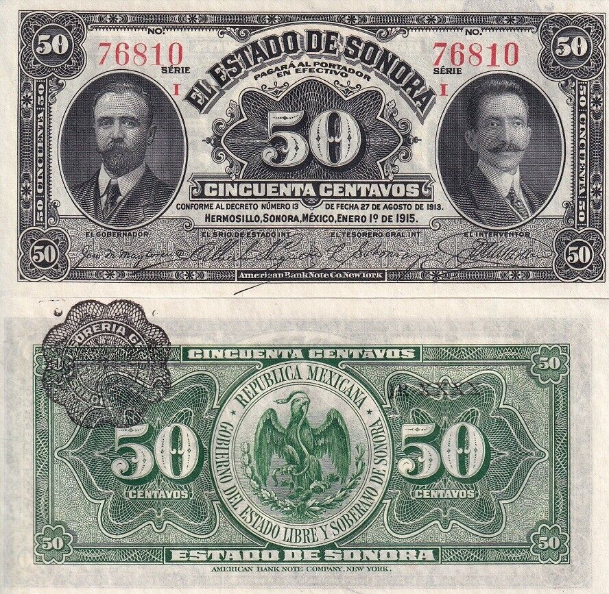 Mexico Revolutionary Sonora 50 Centavos 1915 P S1070 UNC