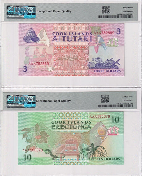 Cook Islands Set 2; 3 10 Dollars 1992 P 7 a P 8 a Superb Gem UNC PMG 67 EPQ