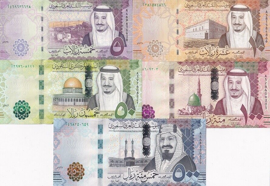 Saudi Arabia Set 5 PCS 5 10 50 100 500 Riyals 2017 - 2021 P 38 39 41 42 P 48 UNC