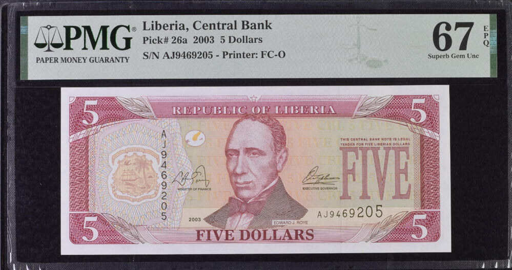 Liberia 5 Dollars 2003 P 26 a Superb Gem UNC PMG 67 EPQ