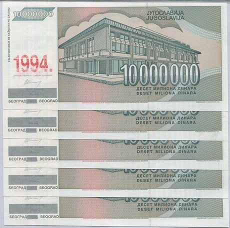 YUGOSLAVIA 10 MILLION DINARA 1994 P 144 UNC LOT 5 PCS