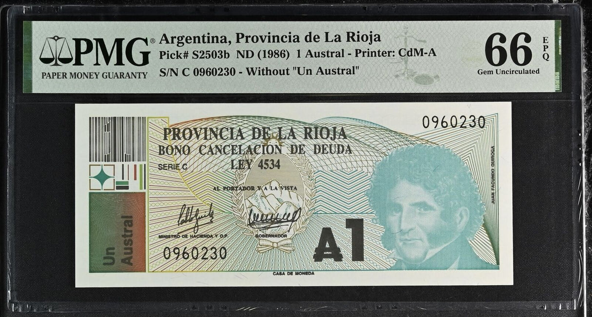 Argentina 1 Austral ND 1986 P S2503 b Gem UNC PMG 66 EPQ