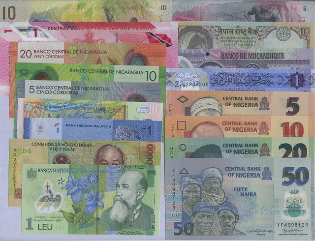 World Polymer Banknotes Set 17 Pcs Lot Different Notes From 12 Countri ...