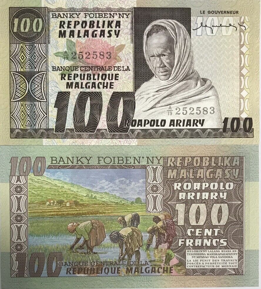 Madagascar 100 Francs 20 Ariary ND 1974 P 63 UNC