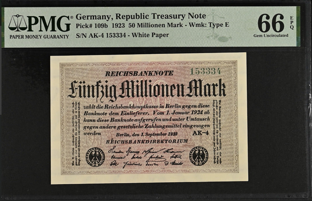 Germany 50 Millionen Mark Republic Treasury 1923 P 109 b Gem UNC PMG 66 EPQ