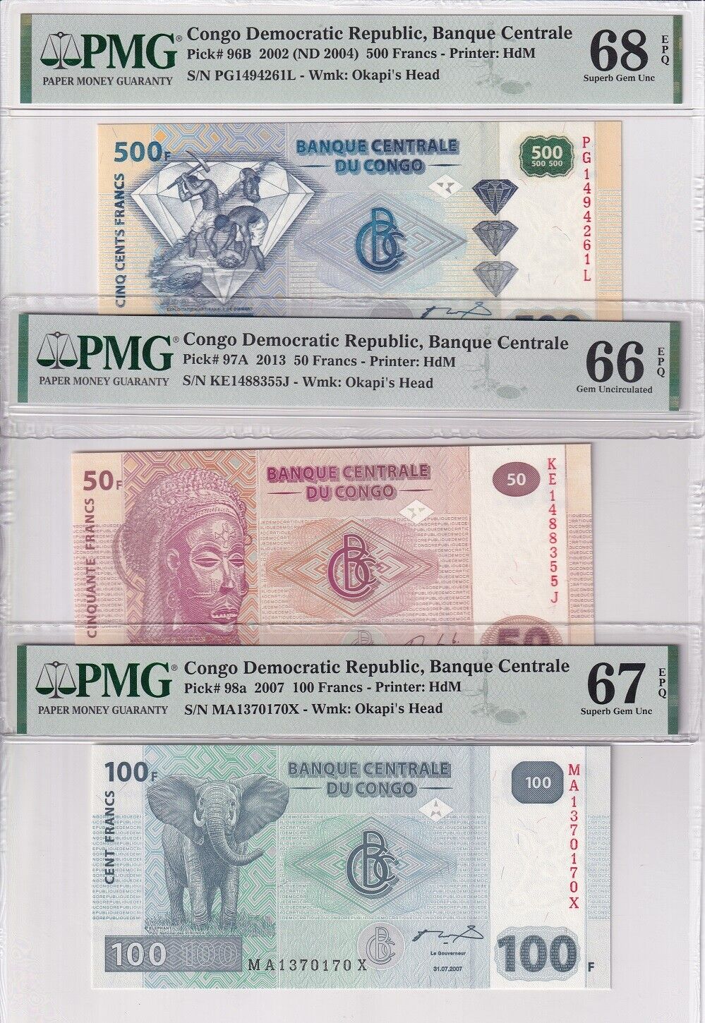 Congo Set 3, 1 5 10 Centimes 1997 P 80 a P 81 a P 82 a* Gem UNC PMG 66 EPQ