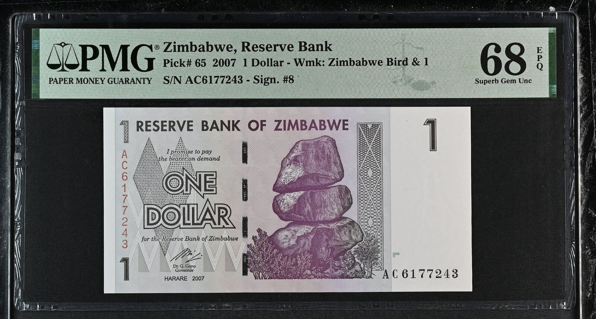 Zimbabwe 1 Dollar 2007 P 65 AC Prefix Superb Gem UNC PMG 68 EPQ