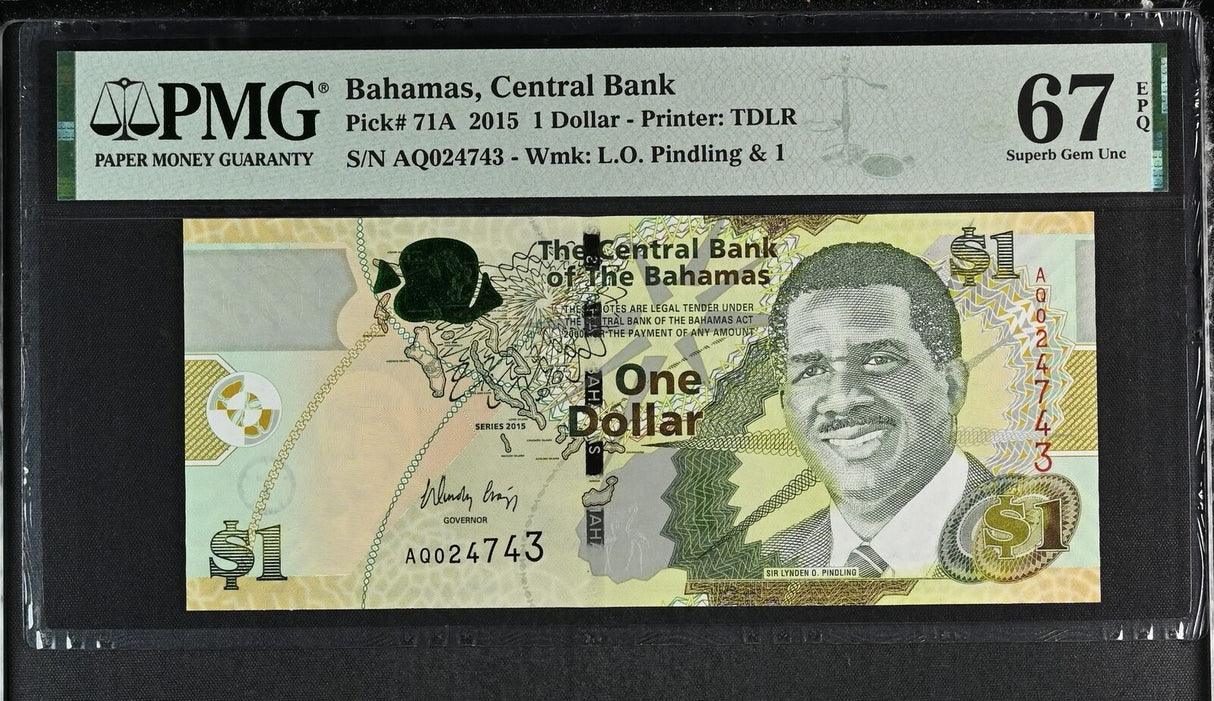 Bahamas 1 Dollar 2015 P 71A Superb Gem UNC PMG 67 EPQ