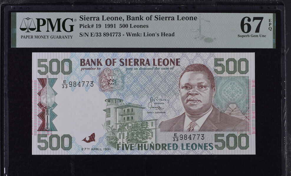 Sierra Leone 500 Leones 1991 P 19 a Superb Gem UNC PMG 67 EPQ