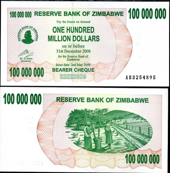 Zimbabwe 100 Million Dollars 2008 P 58 AUnc