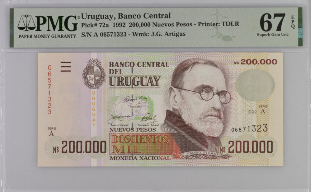 Uruguay 200000 Nuevos Pesos 1992 P 72 a Superb Gem UNC PMG 67 EPQ