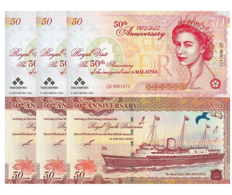 Malaysia Test Note 50th Anniversary 1972-2022 QEII Inaugural Visit UNC LOT 3 PCS