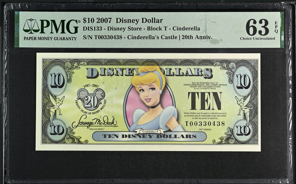 USA Disney 10 Dollars 2007 DIS 133 Cinderella's 20th Choice UNC PMG 63 EPQ
