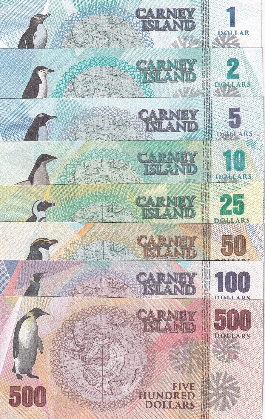 Carney Island Set 8 1 2 5 10 25 50 100 200 500 Dollars 2016 Penguins Fantasy