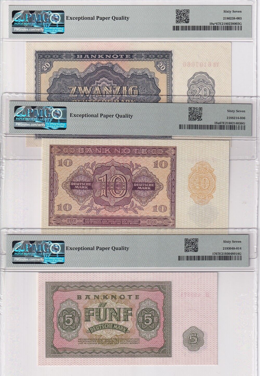 Germany Dem Set 3, 5 10 20 Mark 1955 P 17 P 18a P 19a*Rep Superb Gem UNC 67 EPQ