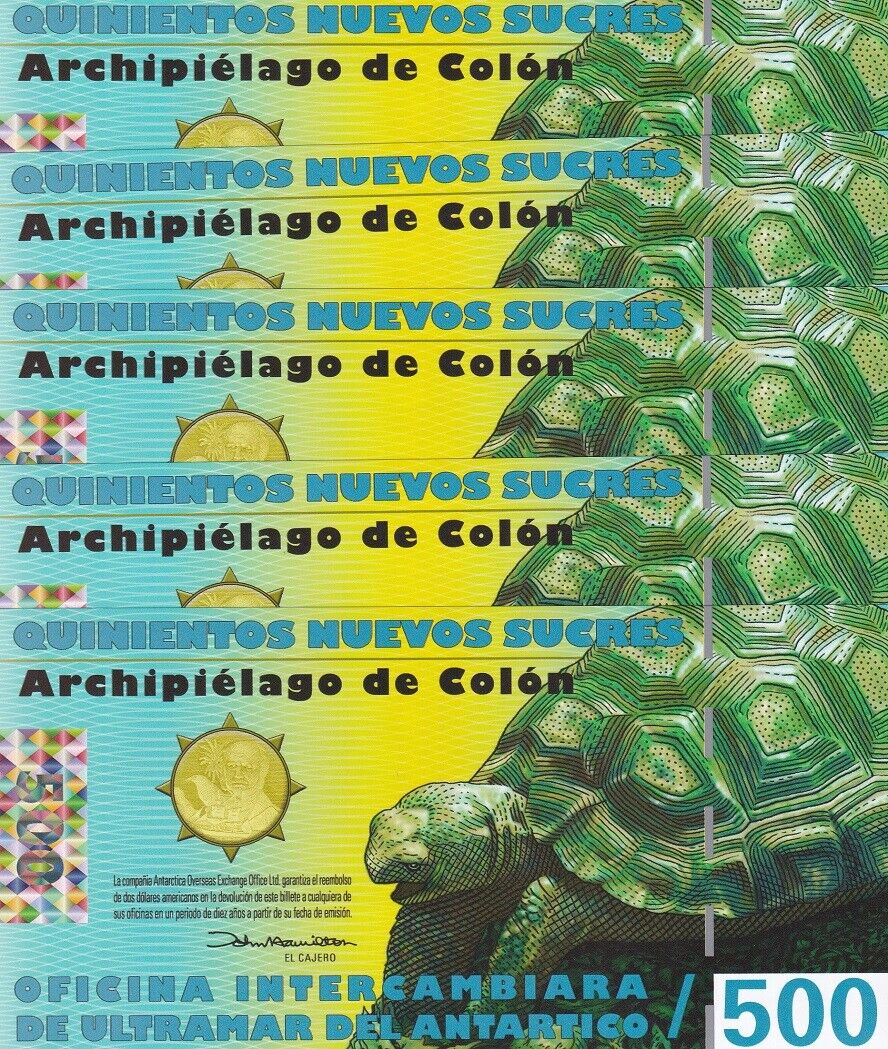 GALAPAGOS 500 SUCRES 12-2-2009 POLYMER 1st ISSUED ERROR NO SERIAL LOT 5 PCS