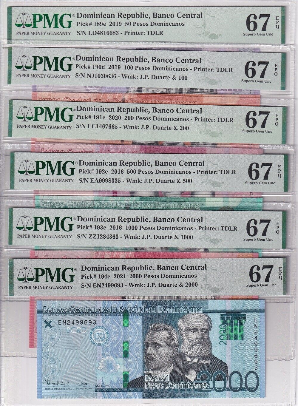 Dominican Set 6; 50-200 500-2000 Pesos 2016-21 P189- 194 Superb Gem UNC PMG 67