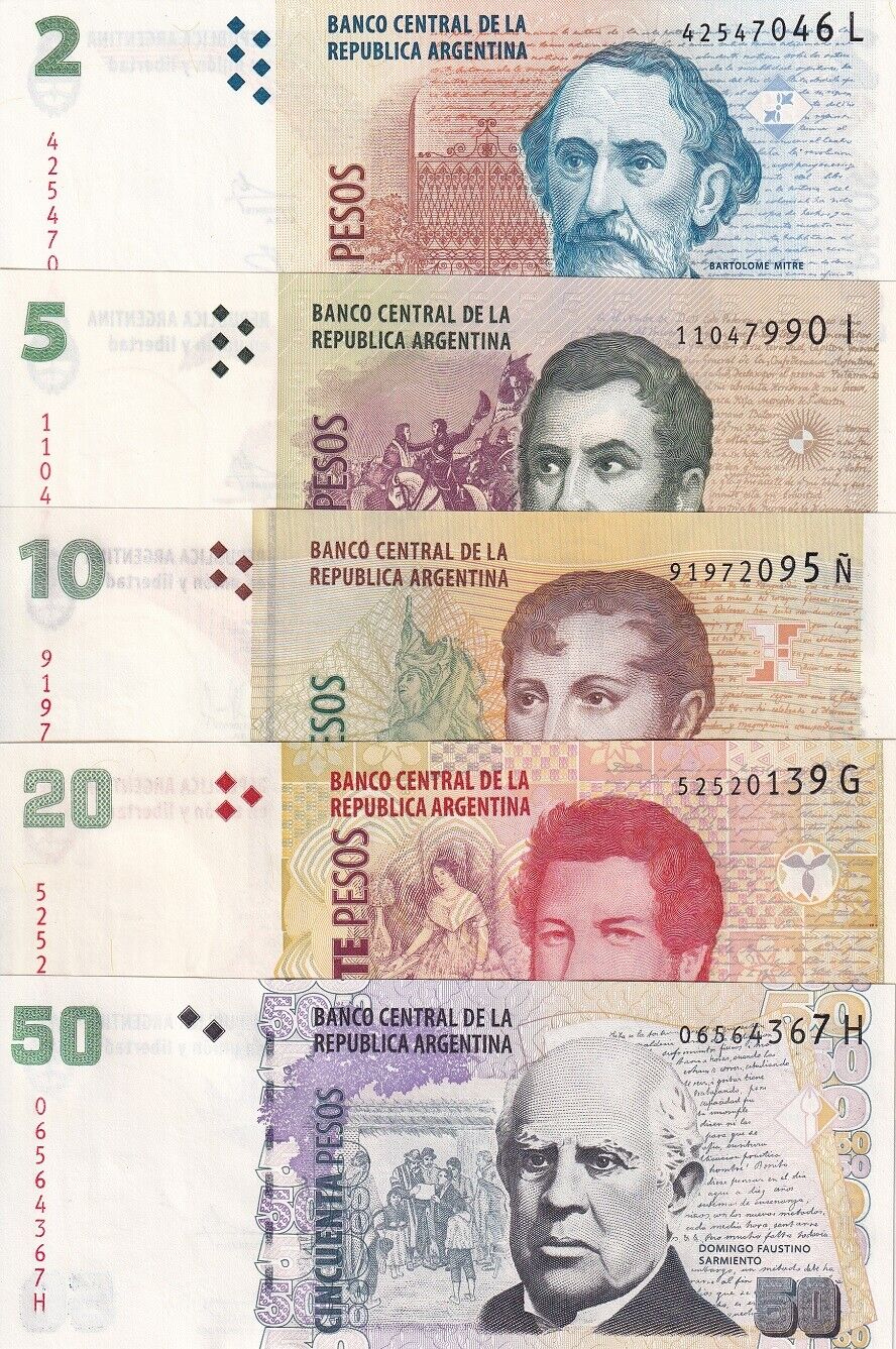 Argentina Set 5 Pcs 2 5 10 20 50 Pesos 2012-2015 P 352 353-356 Random Series UNC