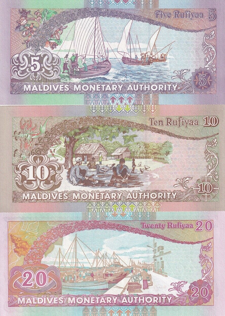Maldives Set 3 UNC 5 10 20 Rufiyaa 2006-2011 P 18 19 20