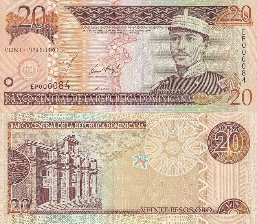 Dominican Republic 20 Pesos 2002 Low serial # 2 Digit P 169 b UNC