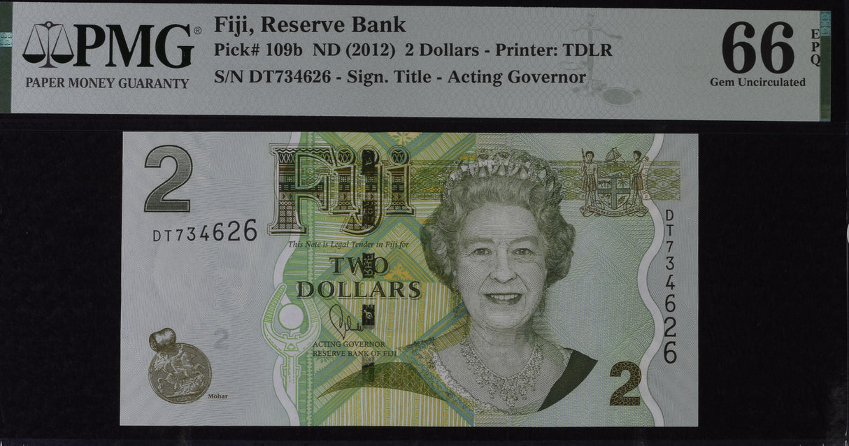 Fiji 2 Dollars ND 2012 P 109 b QE II Gem UNC PMG 66 EPQ