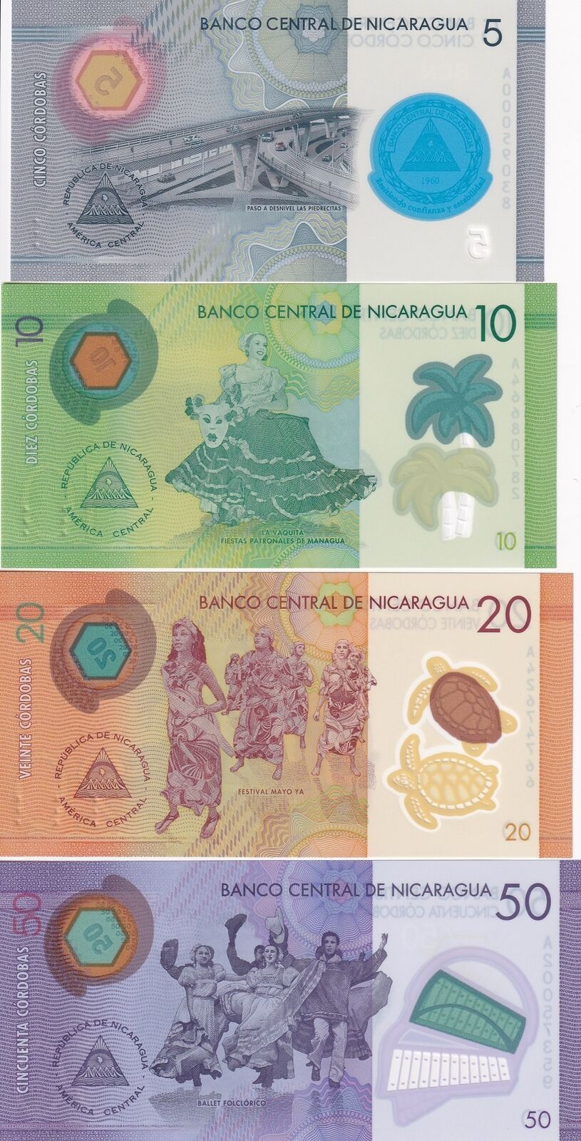 Nicaragua Set 4 Pcs 5 10 20 50 Cordobas 2014-2021 P 209 210 211 P 219 UNC
