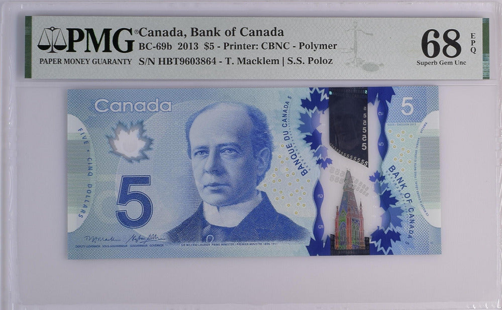 Canada 5 Dollars 2013 P 106 Macklem Poloz Superb Gem UNC PMG 68 EPQ