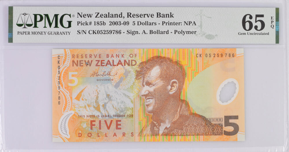 New Zealand 5 Dollars 2003/2009 P 185 b Gem UNC PMG 65 EPQ