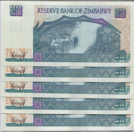 Zimbabwe 20 Dollars 1997 P 7 UNC LOT 5 PCS