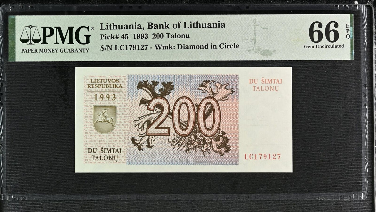 Lithuania 200 Talonu 1993 P 45 Gem UNC PMG 66 EPQ