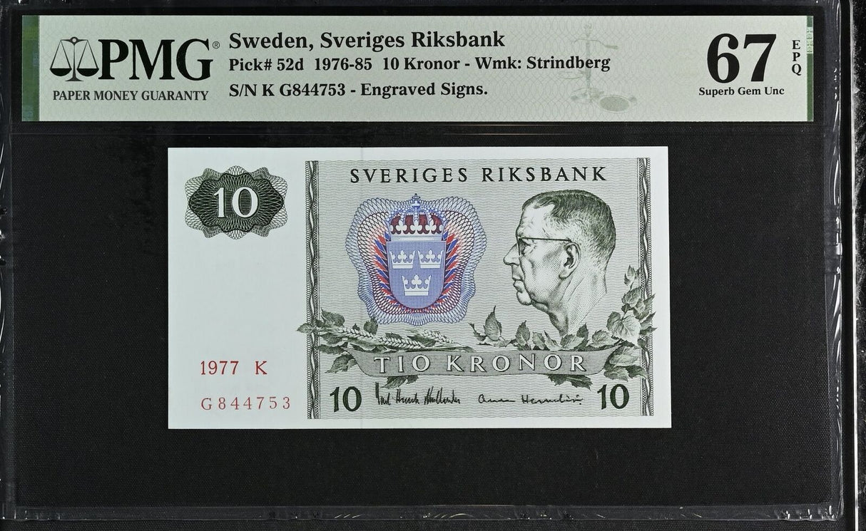 Sweden 10 Kronor 1977 P 52 d Superb Gem UNC PMG 67 EPQ