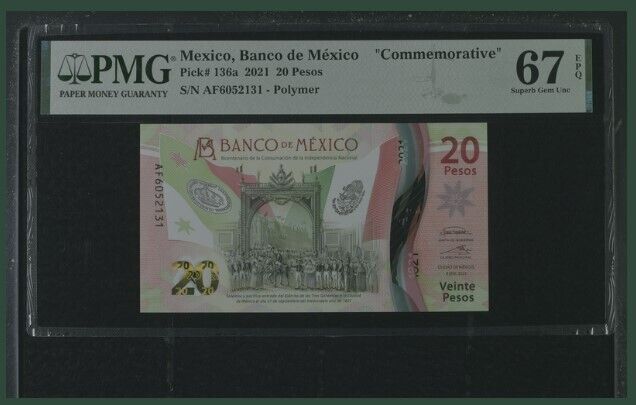 Mexico 20 Pesos 2021 P 136 a Comm. Superb Gem UNC PMG 67 EPQ