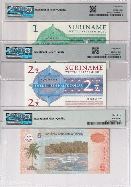 Suriname Set 3; 1 2 5 Dollars 2004 P 155 P 156 P 157 Superb Gem UNC PMG 67 EPQ