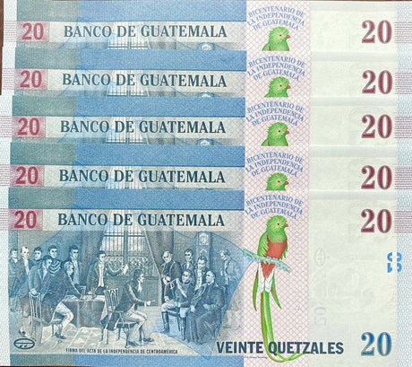 Guatemala 20 Quetzales 2021 200 Year Comm. P New Vertical UNC Lot 5 Pcs