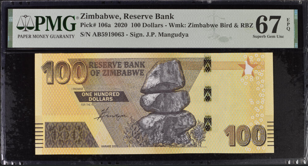 Zimbabwe 100 Dollars 2020 P 106 a Superb Gem UNC PMG 67 EPQ