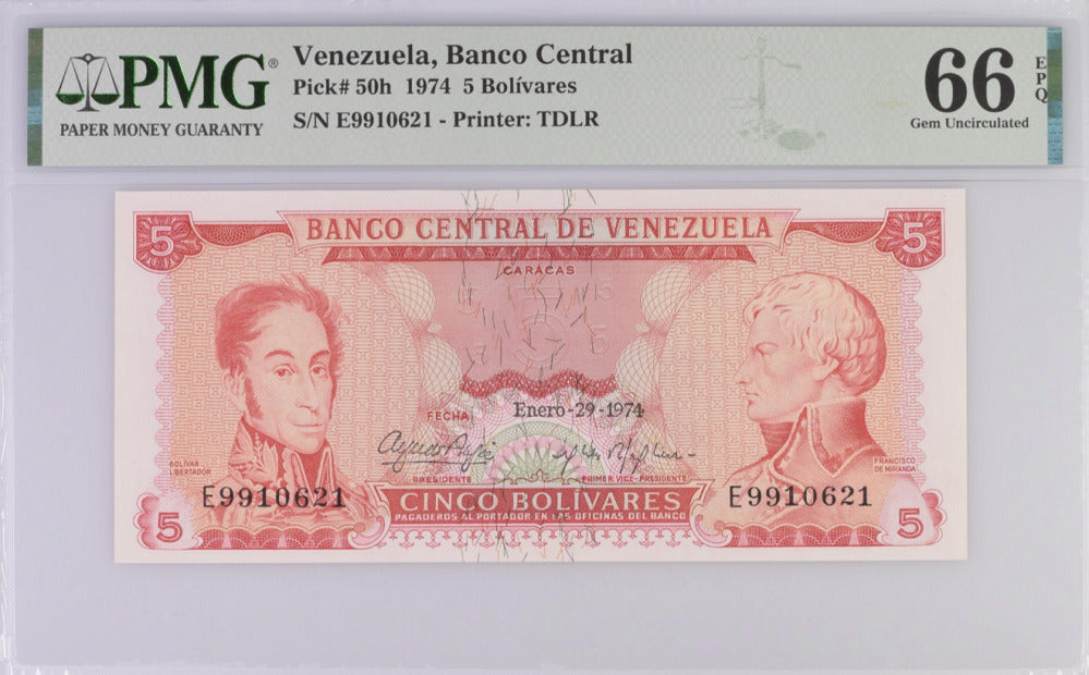 Venezuela 5 Bolivares 1974 P 50 h Gem UNC PMG 66 EPQ