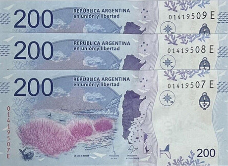 Argentina 200 Pesos ND 2016 P 364 SERIES E UNC LOT 3 PCS