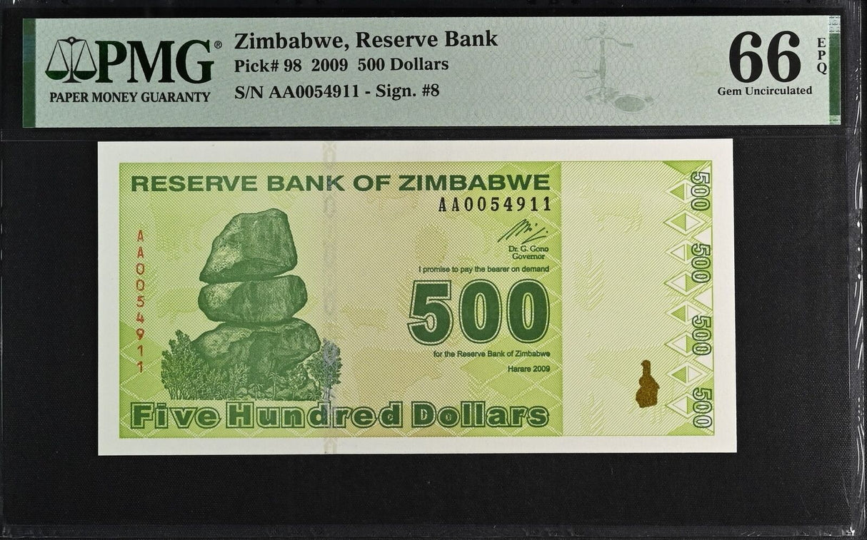 Zimbabwe 500 Dollars 2009 P 98 Gem UNC PMG 66 EPQ