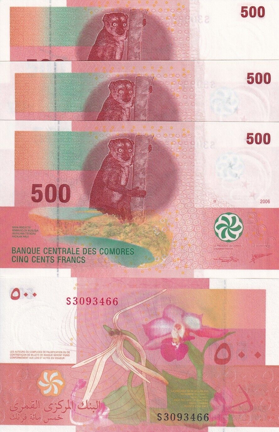 Comoros 500 Francs 2006/2020 P 15 UNC LOT 3 PCS