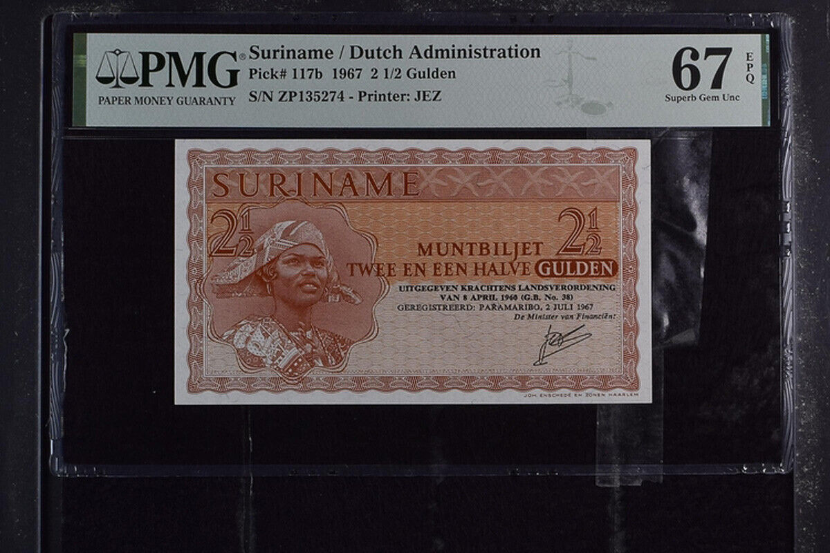 SURINAME 2.5 Gulden 1967 P 117 b Superb Gem UNC PMG 67 EPQ