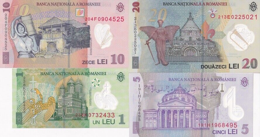 Romania Set 4 PCS 1 5 10 20 Lei 2018-2023 P 117 118 119 119Aa Polymer UNC